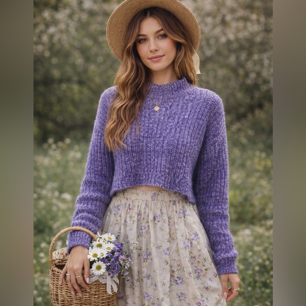 Sincerely Jules Violet Cottagecore Soft Mock Neck Crop Sweater Size M